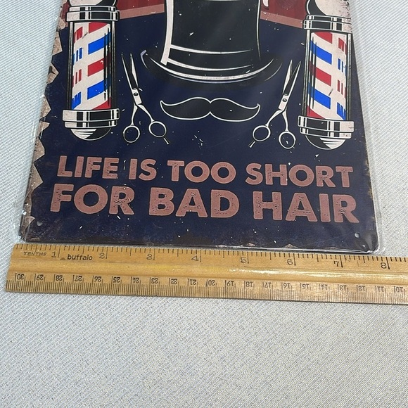 Vintage Vibe NWT Barber Shop Tin Metal Sign Life Is Too Short For Bad Hair - Picture 5 of 6